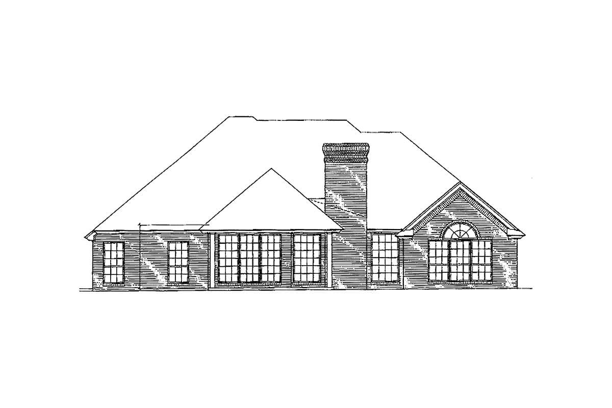 House plan exterior drawing showing a single-story home with multiple gables, a prominent brick chimney, and extensive window walls.