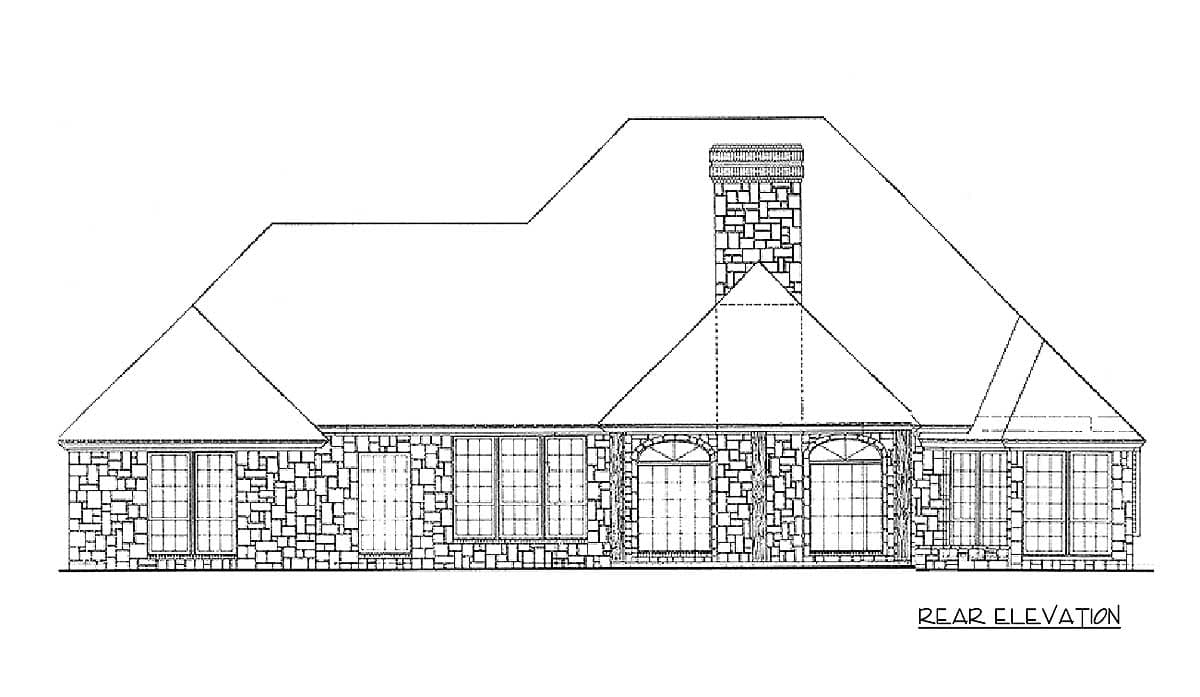 Rear elevation house plan drawing shows stone exterior with multiple gabled dormers, arched windows, and a tall stone chimney.