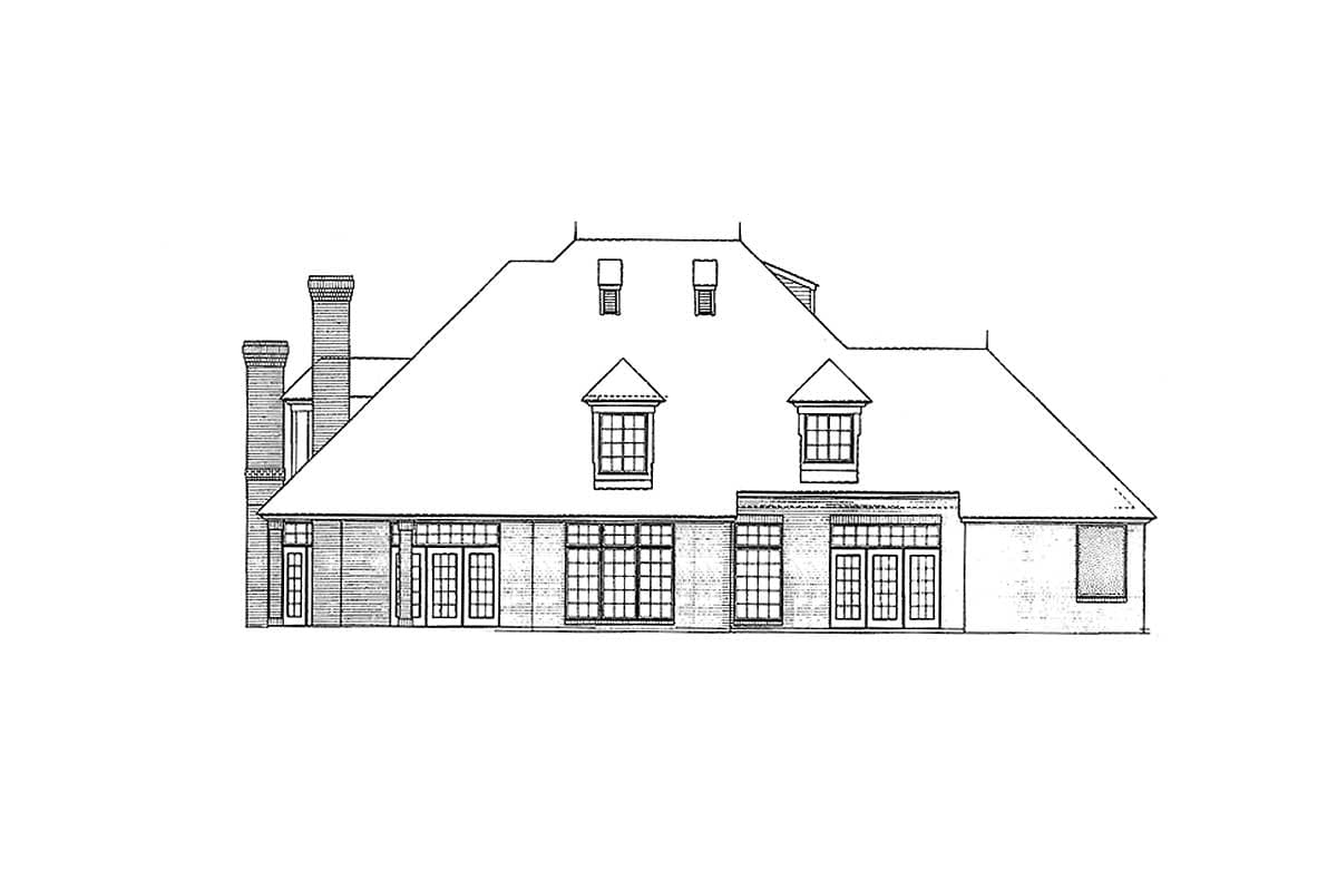 House plan elevation of a two-story home with multiple gables, dormers, tall chimneys, and numerous French doors.