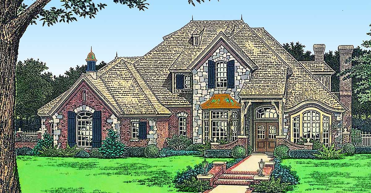 House plan exterior with brick and stone facade, multiple gables, dormers, and steeply pitched rooflines.