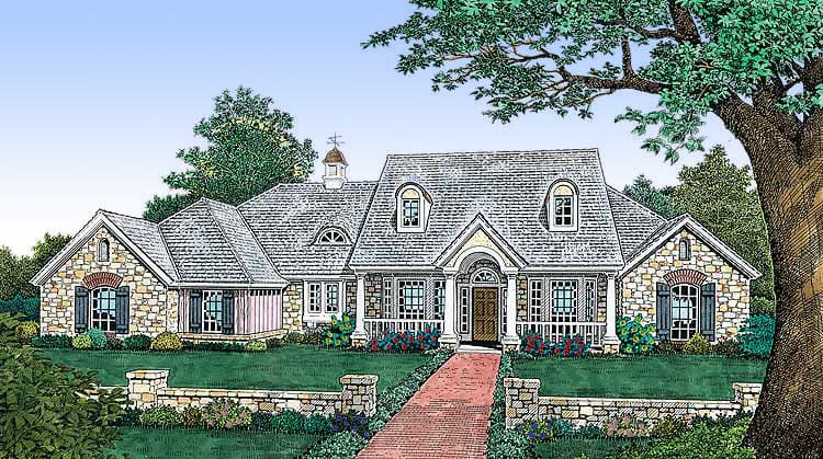 House plan exterior: Stone and wood siding, single-story, prominent center gable with dormers, wraparound porch, and stone accent walls.