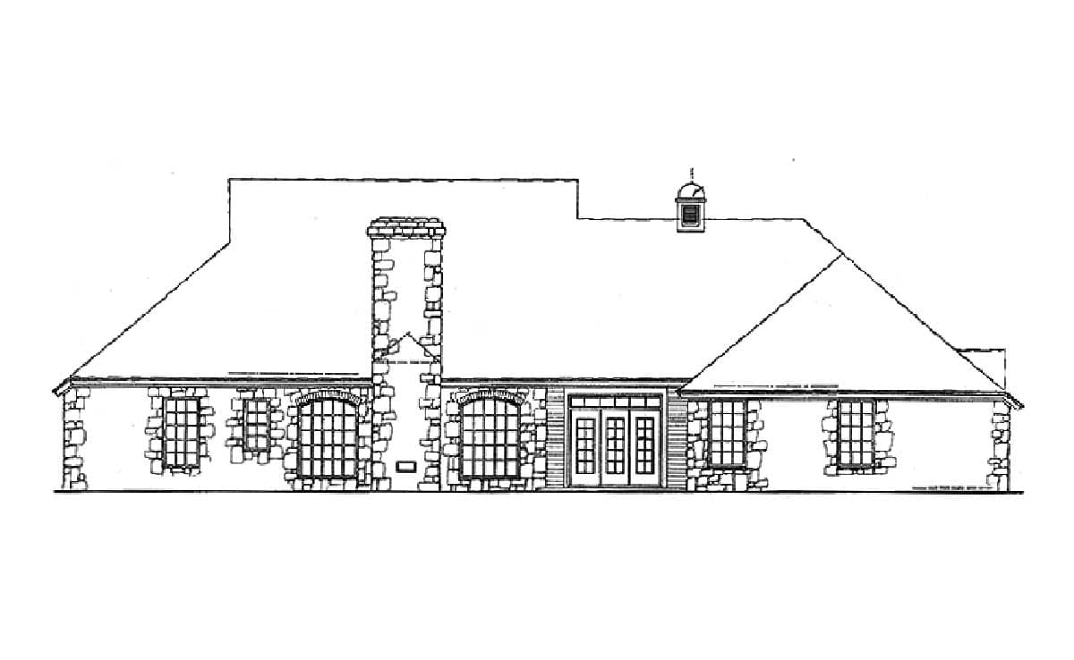 House plan exterior drawing with stone facade, asymmetrical rooflines, a prominent chimney, and double doors.