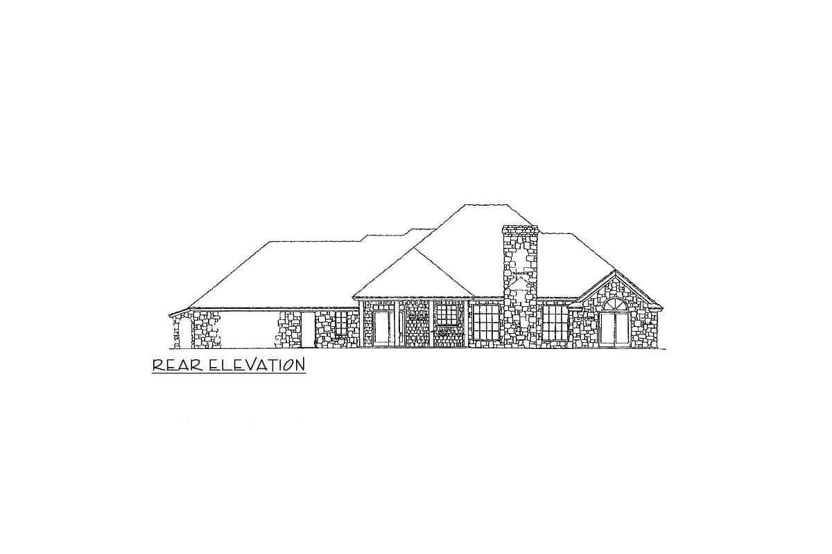 House plan exterior of one-story home with stone facade, multi-level roof, large windows, and attached garage.