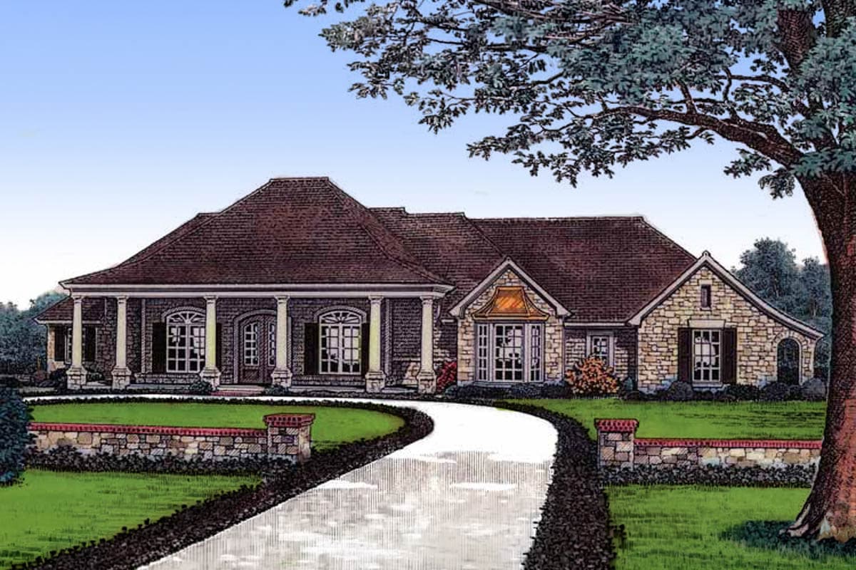 House plan exterior: One-story home with a wraparound porch, stone accents, gables, and a multi-level roofline.