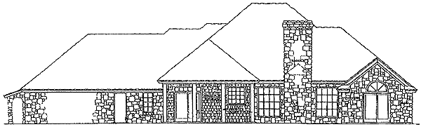 House plan exterior of one-story home with stone facade, multi-level roof, large windows, and attached garage.