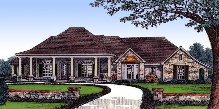House plan exterior: One-story home with a wraparound porch, stone accents, gables, and a multi-level roofline.