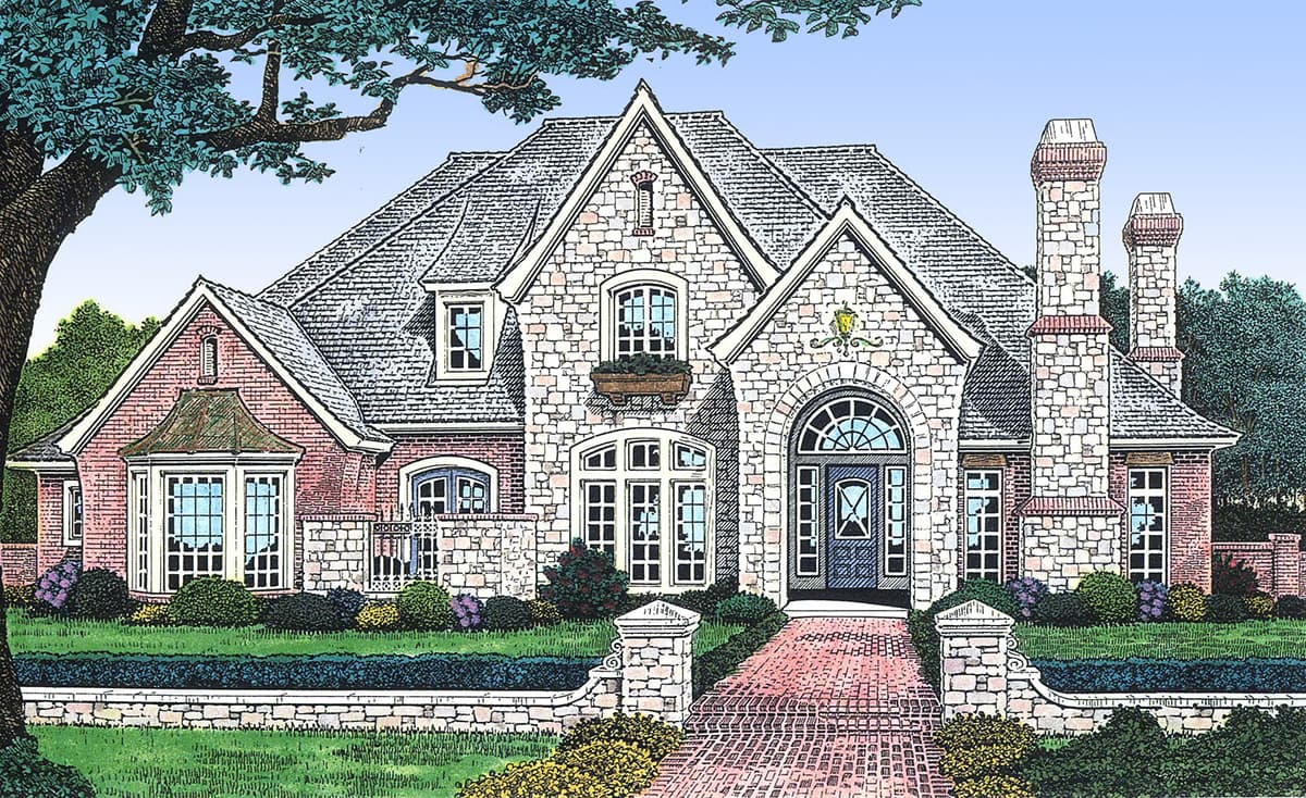 House plan exterior: Stone and brick facade, multiple gables, arched entry, and dual chimneys.