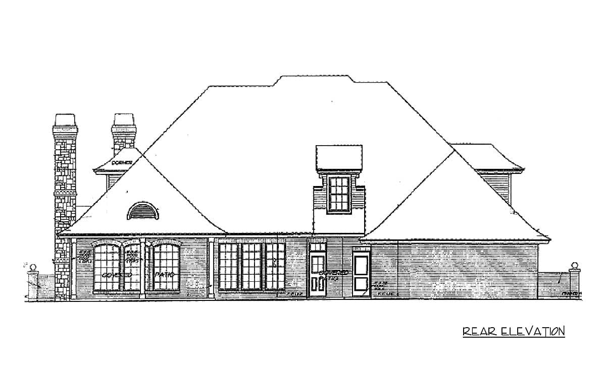 Rear elevation house plan with large rooflines, multiple gables, arched dormer, and prominent chimneys.