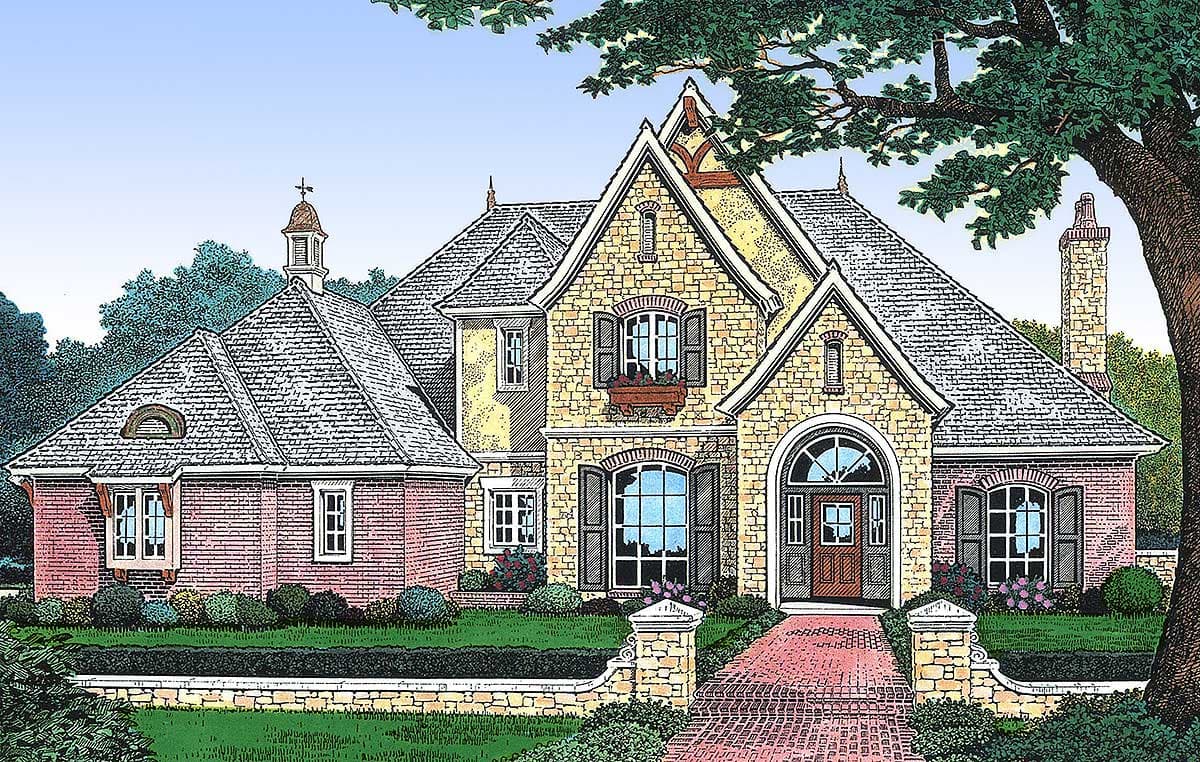 House plan exterior: two-story French Country home with stone and brick facade, arched entry, dormers, and prominent gables.