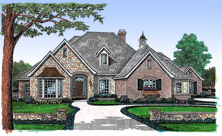 House plan exterior shows a one-story home with stone and brick facade, bay window, arched entry, and varied rooflines.