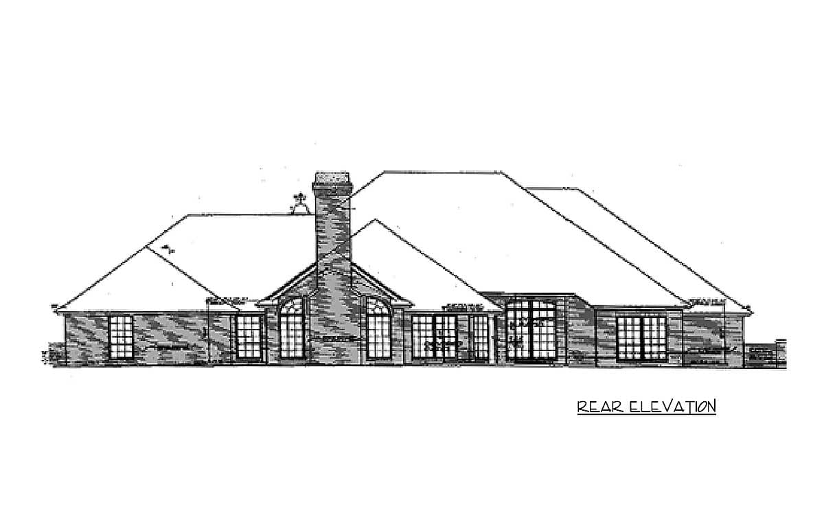 Rear elevation drawing of a single-story house plan featuring a prominent brick chimney, multiple large windows, and a hip roof.