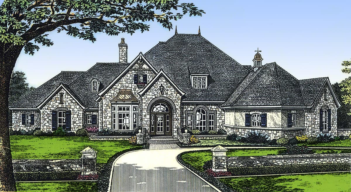 House plan exterior drawing: Stone-clad home with multiple gables, arched entry, bay window, and dormers.