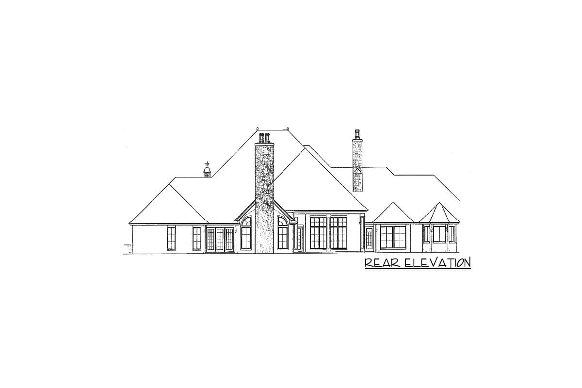 Rear elevation house plan drawing with multiple gables, dormers, chimneys, and numerous windows.
