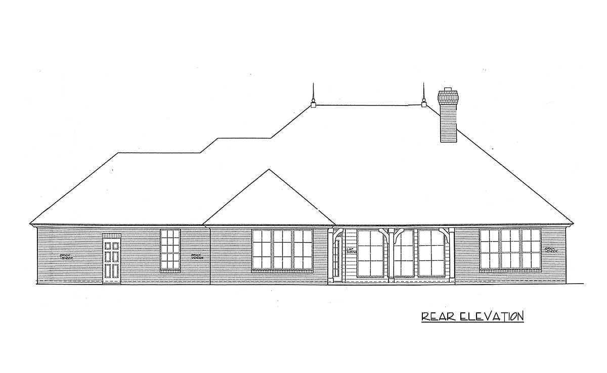 Rear elevation drawing of a one-story house plan with brick veneer, multiple windows, a gabled dormer, and a chimney.