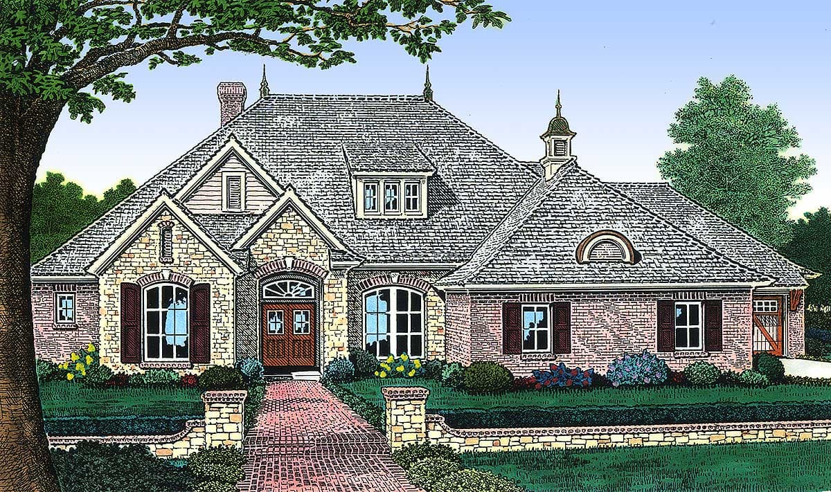 House plan exterior: Two-story home with stone and brick facade, multiple gables, dormer windows, and a prominent arched entry.
