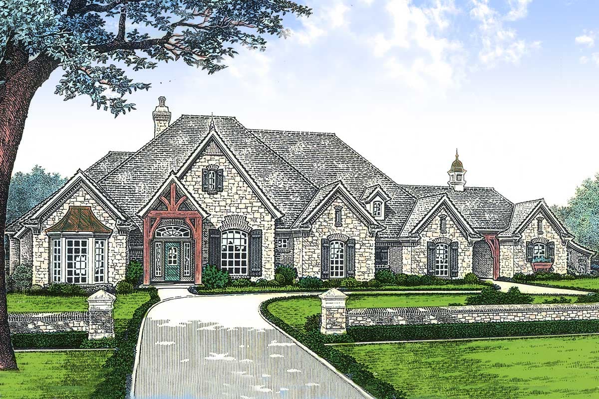 House plan exterior. Stone-clad, one-story house with gabled roof, dormers, and arched entry. Driveway leads to house with brick columns.