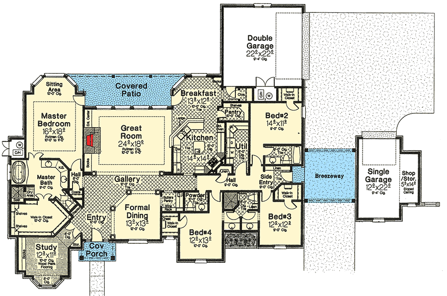 Plan 48103FM: 4-Bed French Country House Plan with Charming Gables - 3423 Sq Ft - Floor Plan - Main Level - European, French Country