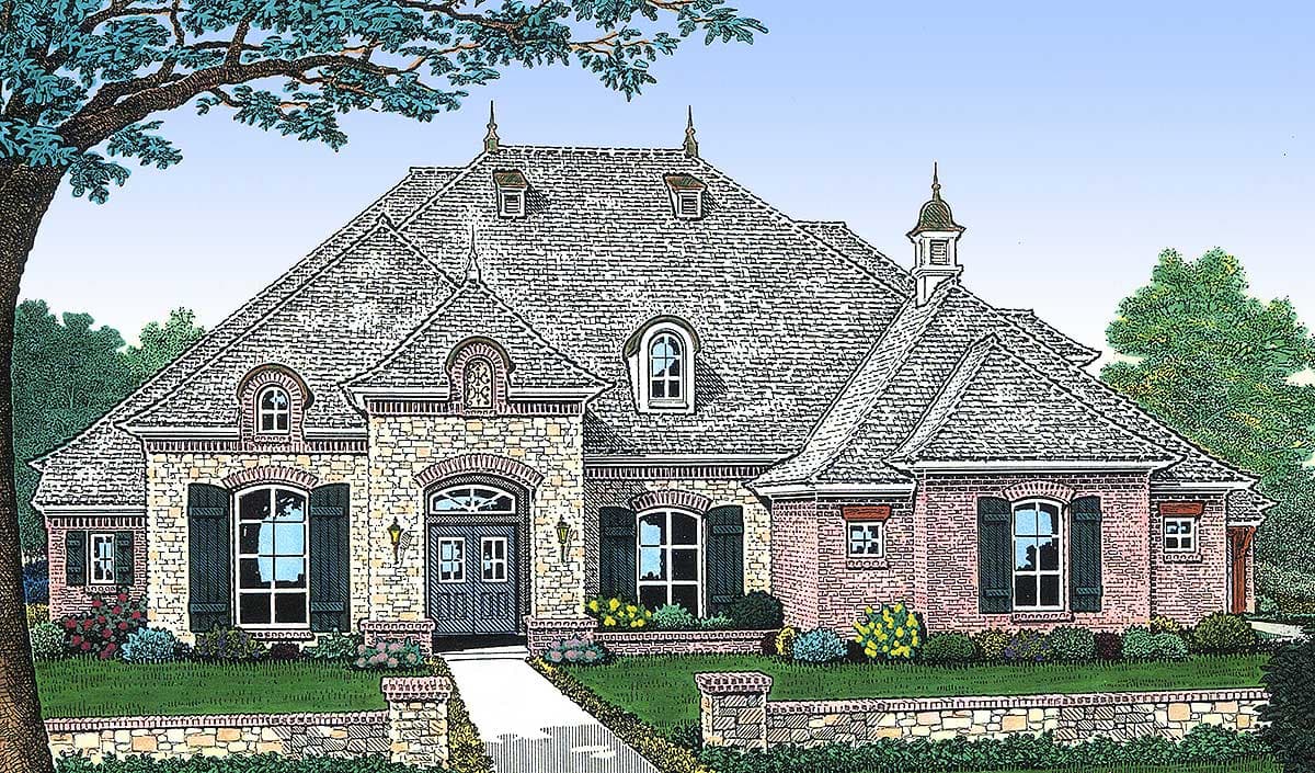 House plan exterior: French Country style, stone and brick facade, hip roof with dormers, arched entryway, and multiple gables.