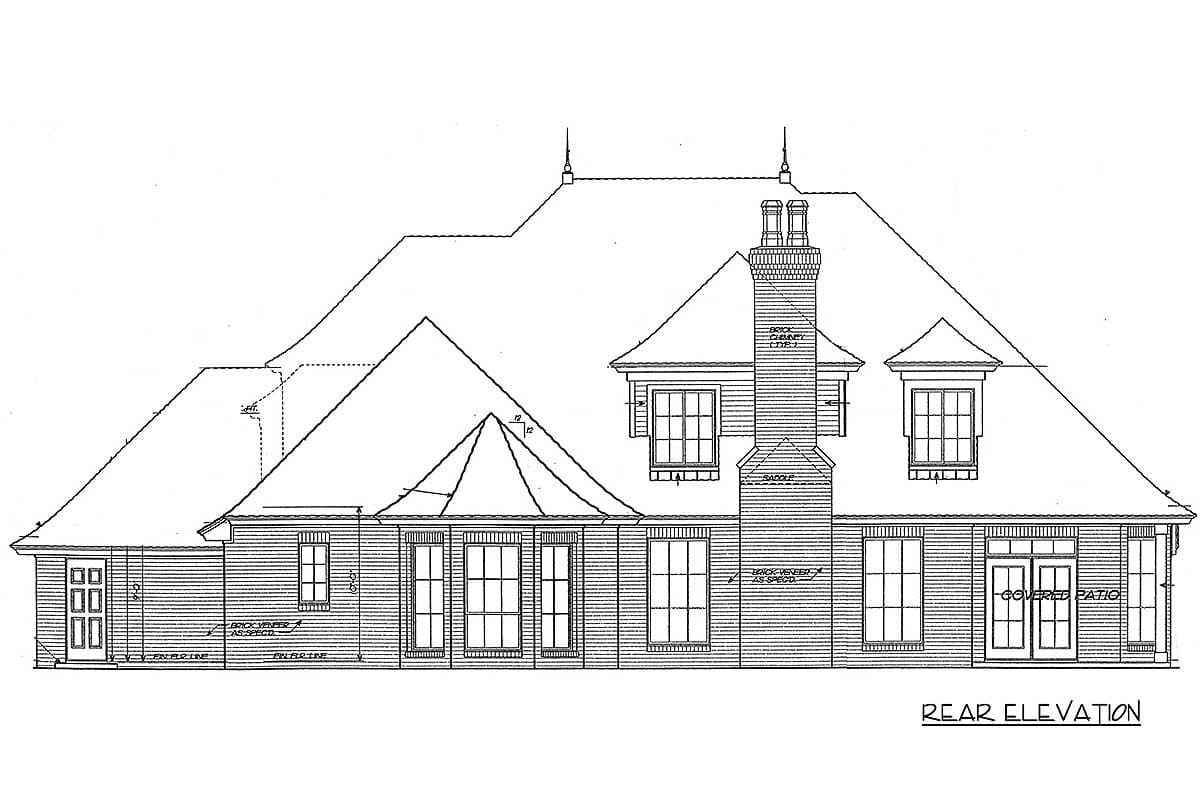 Rear elevation house plan drawing showing a brick chimney, multiple gables, dormers, and covered patio.