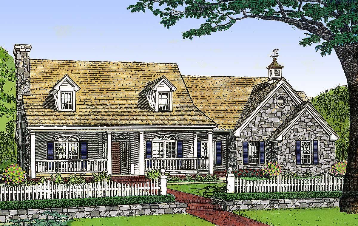 House plan exterior with stone facade, wraparound porch, dormers, and peaked roof with cupola.