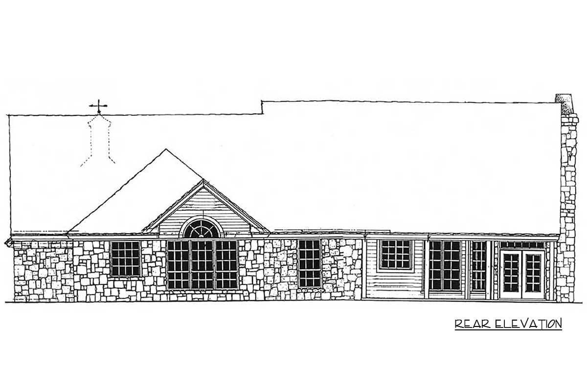 Rear elevation house plan with stone and wood siding, multiple windows, gabled dormer, and double doors.