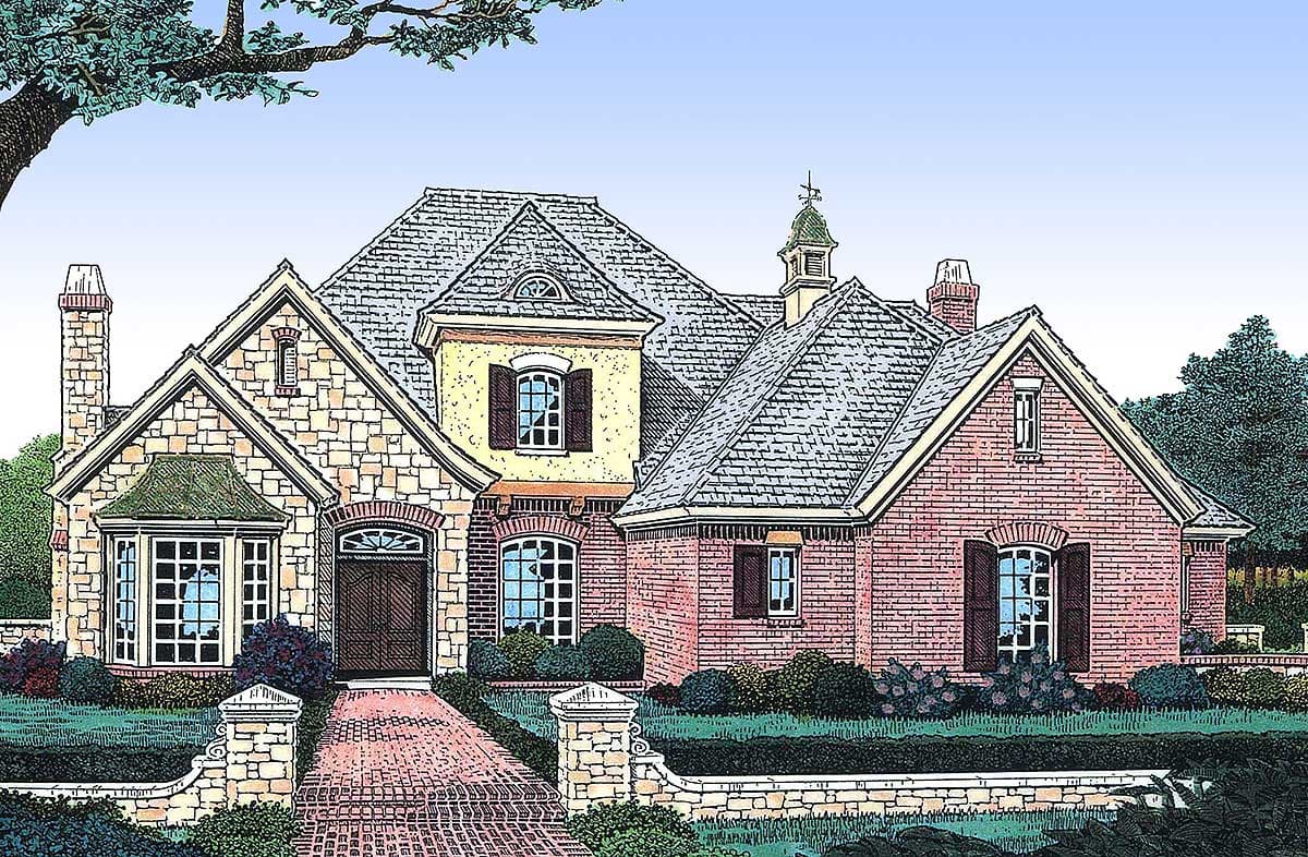 House plan exterior: stone and brick facade, multiple gables, prominent chimney, dormer, and arched entry.
