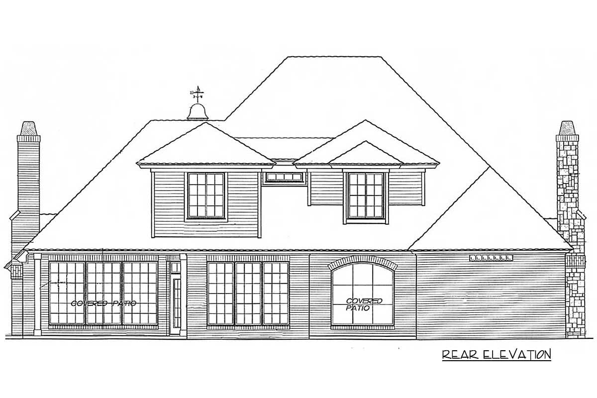 Rear elevation floor plan showing a multi-story house with prominent gables, large windows, covered patios, and stone chimneys.