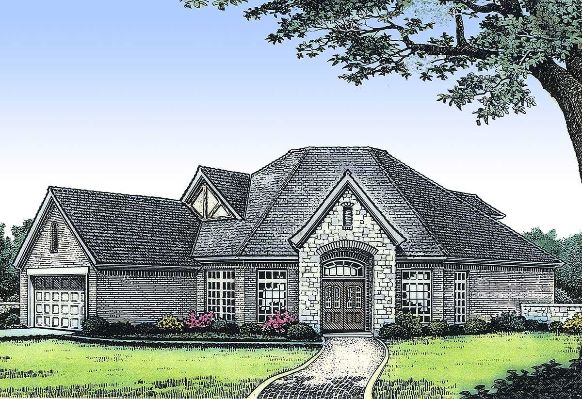 House plan exterior: One-story home with stone entryway, arched double doors, multiple gables, and attached garage.