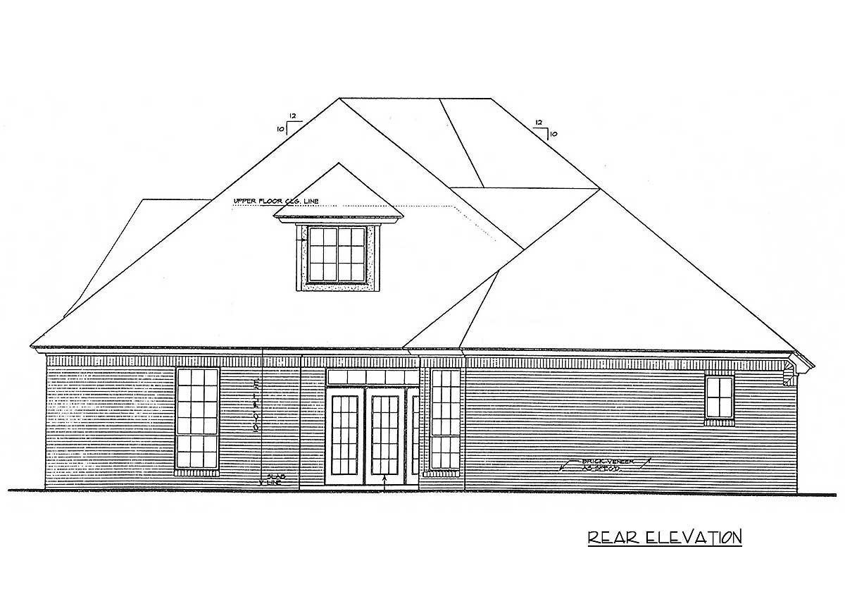 Rear elevation of a house plan showing double doors, multiple windows, a dormer, and complex rooflines with pitch indicators.