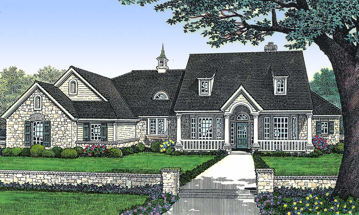 House plan exterior rendering: Ranch style with stone facade, multiple gables, dormers, and covered porch.