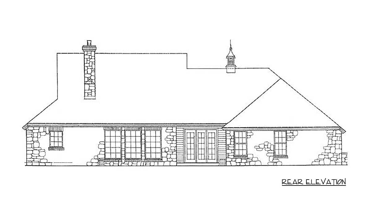 Rear elevation drawing of a single-story house with stone accents, multiple windows, double doors, a prominent chimney, and a cupola.
