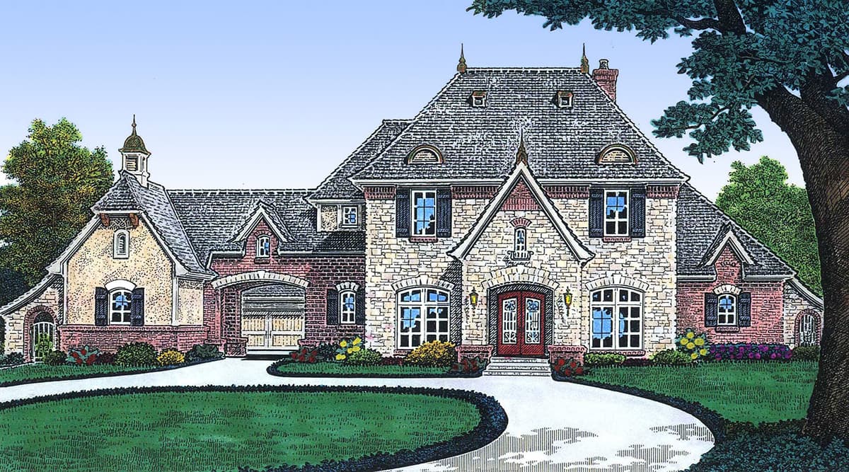 House plan exterior featuring stone and brick facade, steeply pitched roof with dormers, and a side-entry garage.