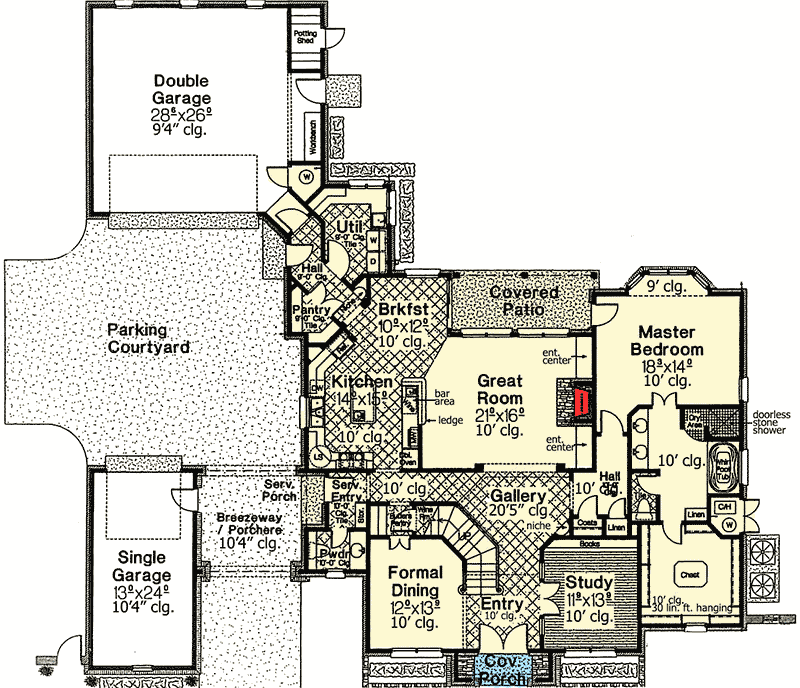 Plan 48128FM: Home Plan with Private Parking Courtyard - Floor Plan - Main Level - European, French Country