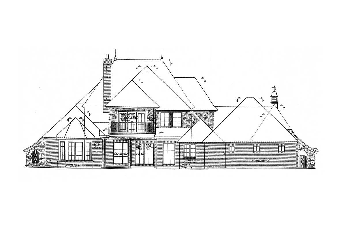 House plan exterior drawing: Two-story residence with multiple gables, a covered wood deck, and stone accents.
