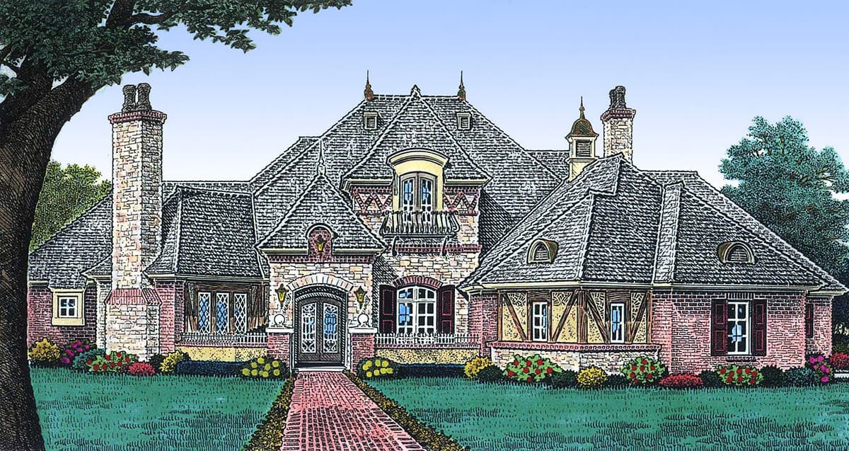 House plan exterior with French Renaissance style, complex rooflines, dormers, and ornate entryway.