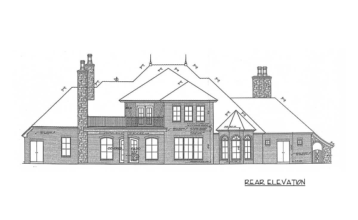 Rear elevation drawing of a two-story house with multiple gables, dormers, chimneys, and a covered patio.