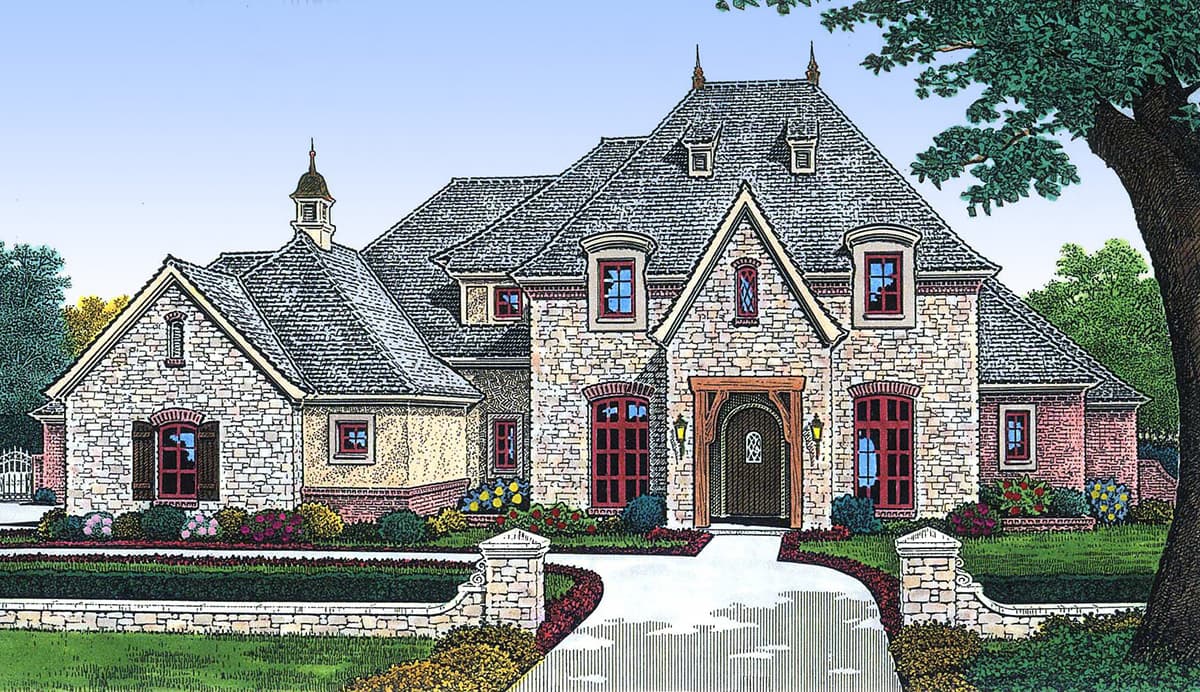 House plan exterior: French Country style with stone and brick facade, steeply pitched roof, dormers, and prominent arched entryway.