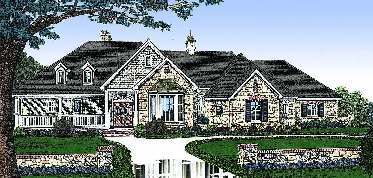 House plan exterior: One-story home with stone facade, prominent gables, dormers, side-entry garage, and wraparound porch.