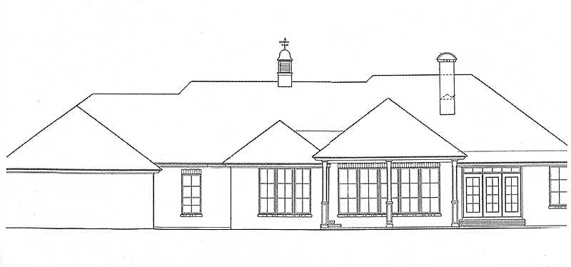 House plan exterior elevation shows a single-story home with multiple gables, a cupola, a prominent chimney, and French doors.