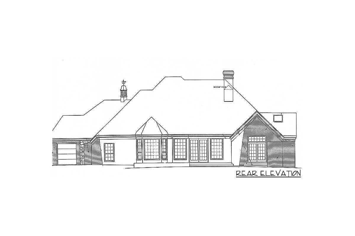 Rear elevation house plan with attached garage, varied rooflines, prominent dormer, and multiple windows and doors.