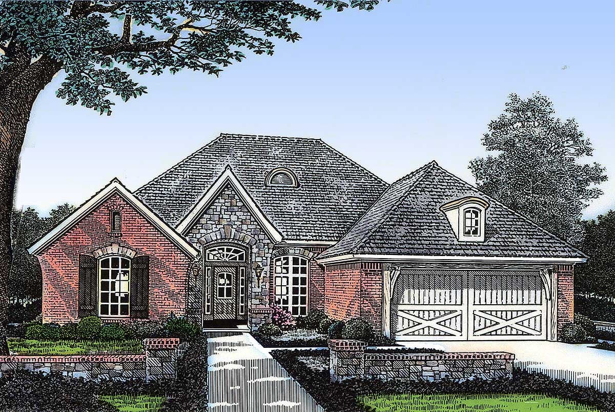 House plan exterior: One-story brick and stone home with a prominent gable, arched entry, circular dormer, and side-facing garage.