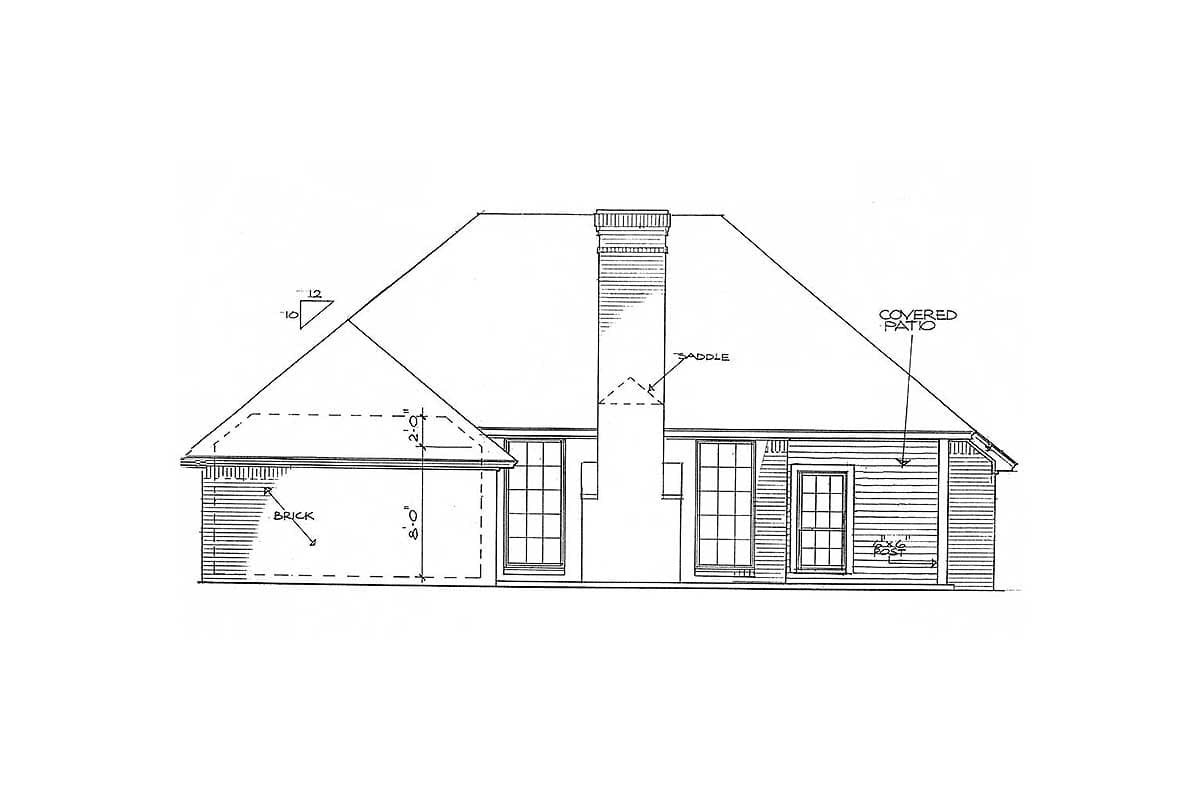 House plan elevation drawing showing brick exterior, large windows, a chimney, and a covered patio.