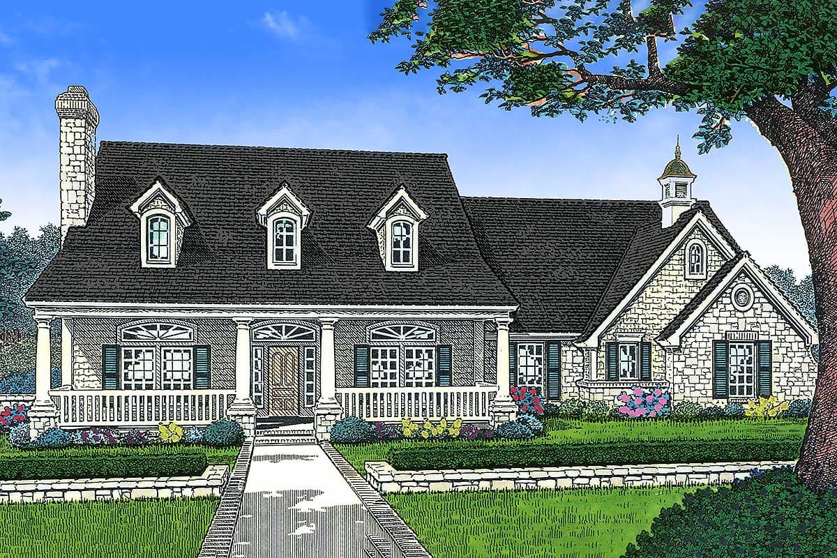 House plan exterior: two-story French Provincial style with full-width porch, dormers, and stone accents.