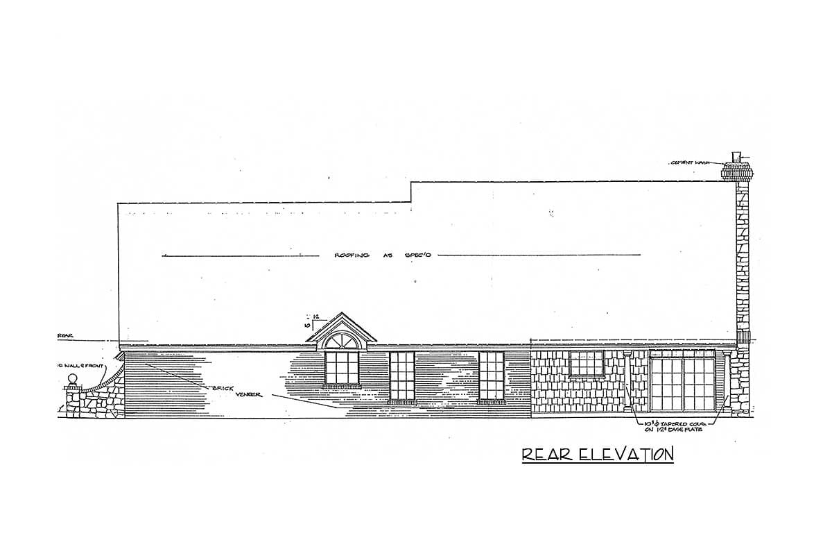 Rear elevation drawing of a house with brick veneer, multiple windows, and a gabled dormer.