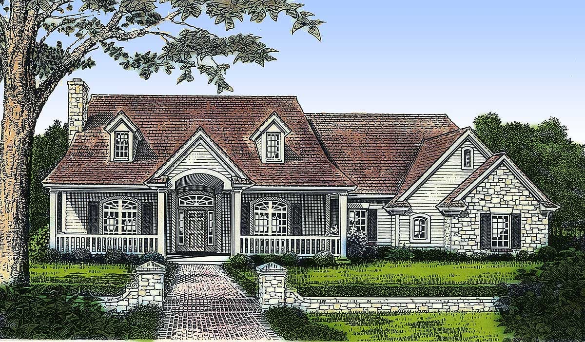 House plan exterior: one-story home with covered front porch, stone accents, dormers, and gable rooflines.