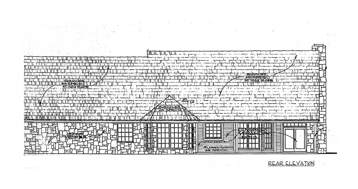 Rear elevation of a house plan featuring stone veneer, lapped siding, multiple gables, and a covered porch.