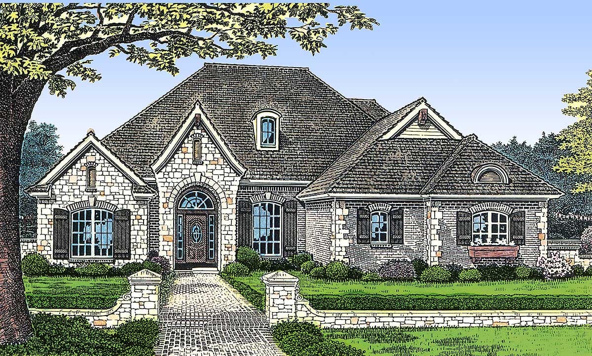 House plan exterior with stone and brick facade, arched entryway, multiple gables, and dormer windows.