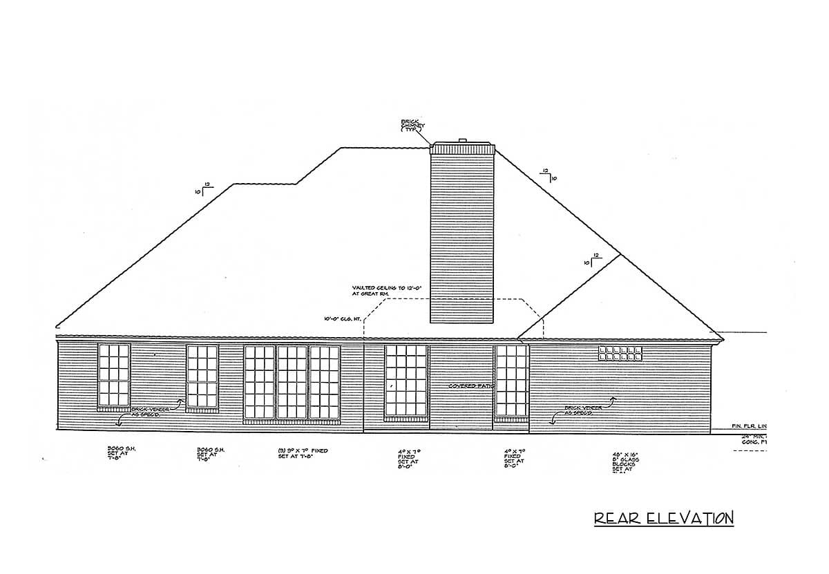 Rear elevation drawing of a house plan showing a prominent brick chimney, multiple windows, and a covered patio area.