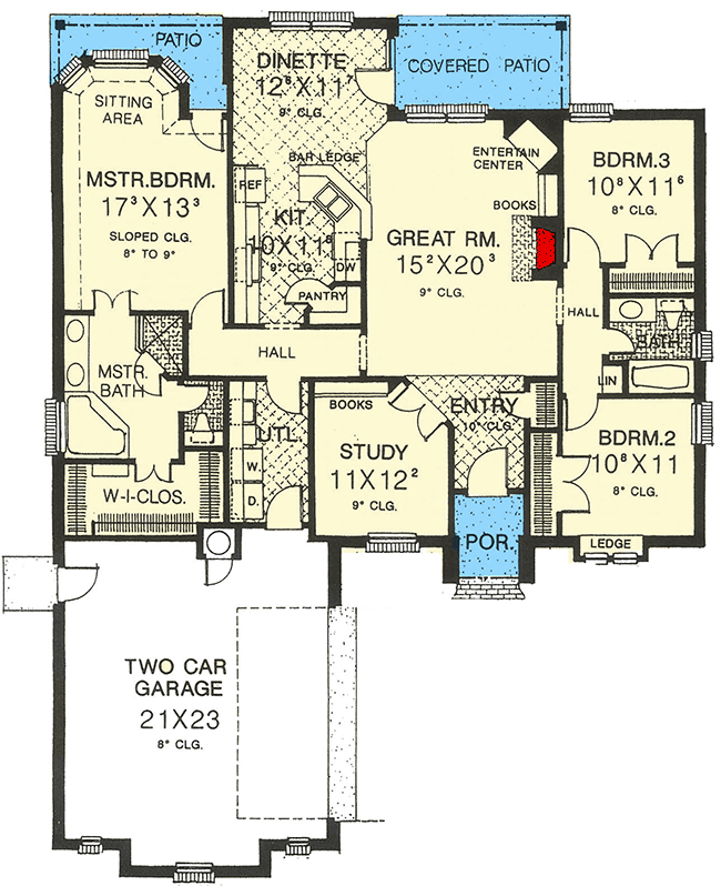 Plan 48167FM: French Country Cottage of Brick and Stone - Floor Plan - Main Level - European, French Country, Traditional