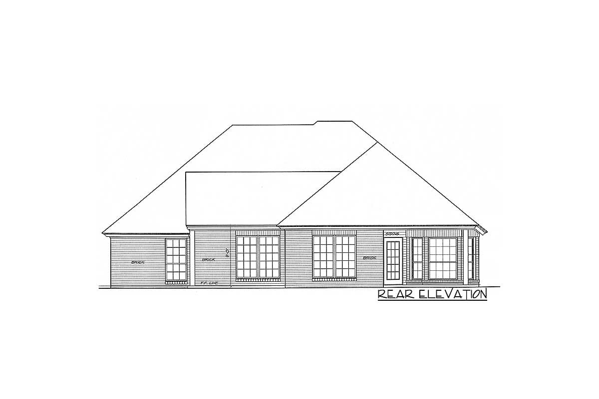 Rear elevation drawing of a house plan with siding and brick accents, multiple windows, and a complex roofline.